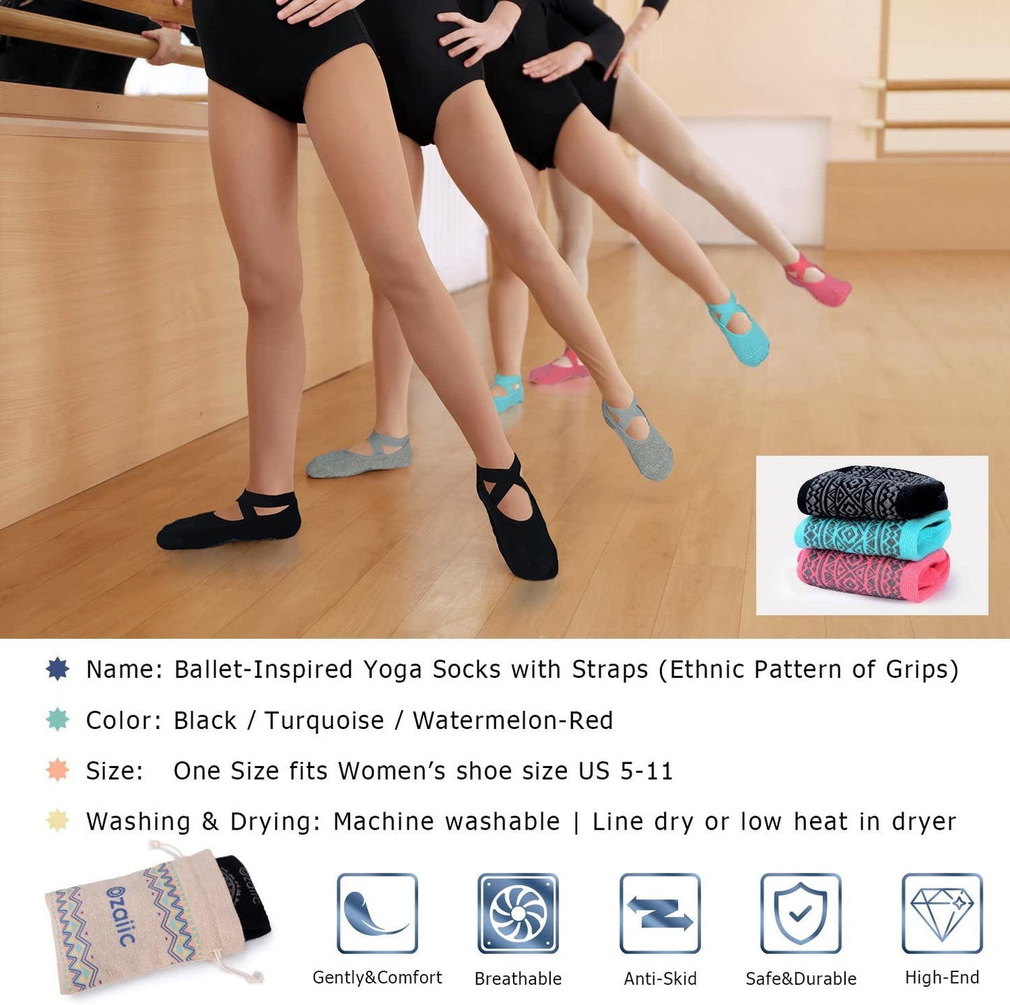 Pilates Socks for Women Non Slip Grip, Yoga Socks with Grippers for Barre, Hospital, Ballet, Dance, Barefoot Workout